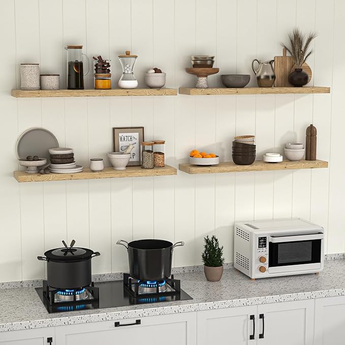 Fun Memories Floating Shelves for Wall Decor, 36"x8" Rustic Reclaimed Wood Shelves, Heavy-Duty Wall Mounted Shelves with Invisible Brackets, Set of 2for Living Room, Bedroom, Kitchen, Natural Finish