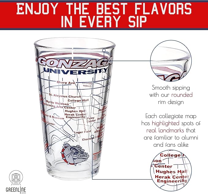 Greenline Goods – University of Gonzaga Bulldogs College Pint Beer Glasses (Set of 2), 16 oz – Full-Color Logo + Campus Map