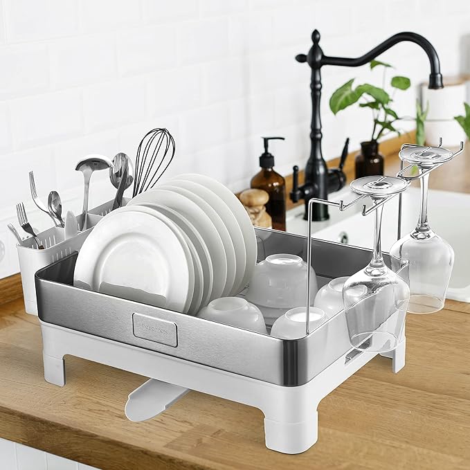 happimess DSH1003B Simple 20.5' Fingerprint-Proof Stainless Steel Dish Drying Rack, Dish Rack with Swivel Spout Tray and Wine Glass Holder, Utensil Holder, Stainless Steel/White, Silver/White