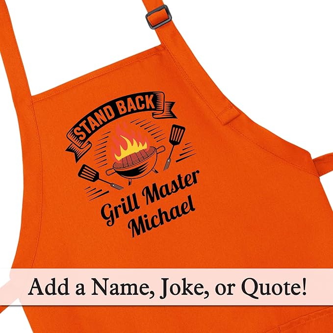 Personalized Medium Length Cooking & Grill Apron – Stand Back Design with Custom Text (1-2 Lines)