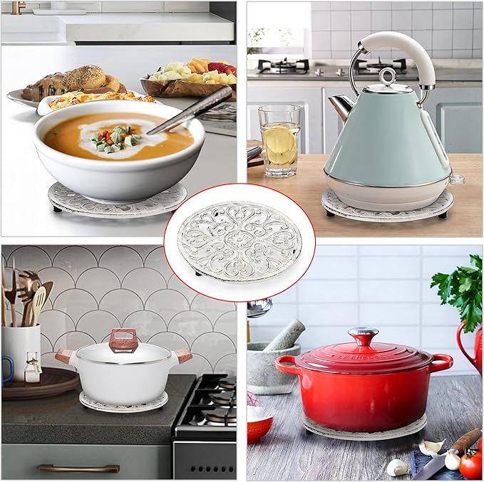 Sumnacon Cast Iron Trivet Retro White 6.7 Inch Iron Trivets with Rubber Feets for Hot Dish Pot Pan Plate Teapot,Heat Resistant Cast Iron Trivet for Kitchen Dining Table Cooktop Stove