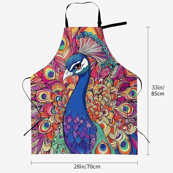 Exquisite Peacock Apron for Women, 28x33in, Kitchen Chef Aprons with 2 Pockets, Polyester, Colorful Peacock Apron for Cooking BBQ Baking Gardening Chef, Gifts for Mom Wife Dad