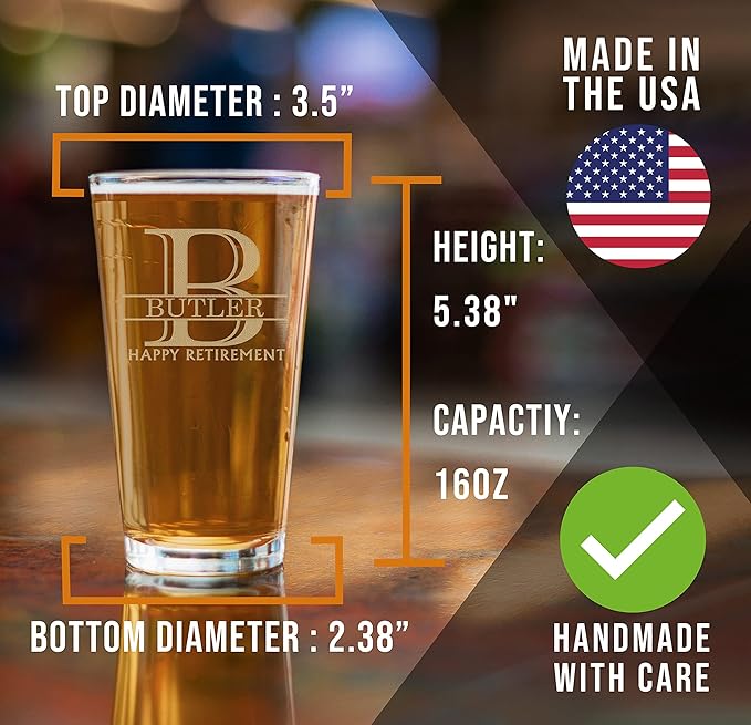 Personalized Etched 16oz Pint Glass – Beer Gifts, Custom Engraved Drinking Glasses, Customized Retirement Gift for Men, Birthday Gifts for Him, Beer Lover Cup, Groomsmen Wedding, Halpert Monogram