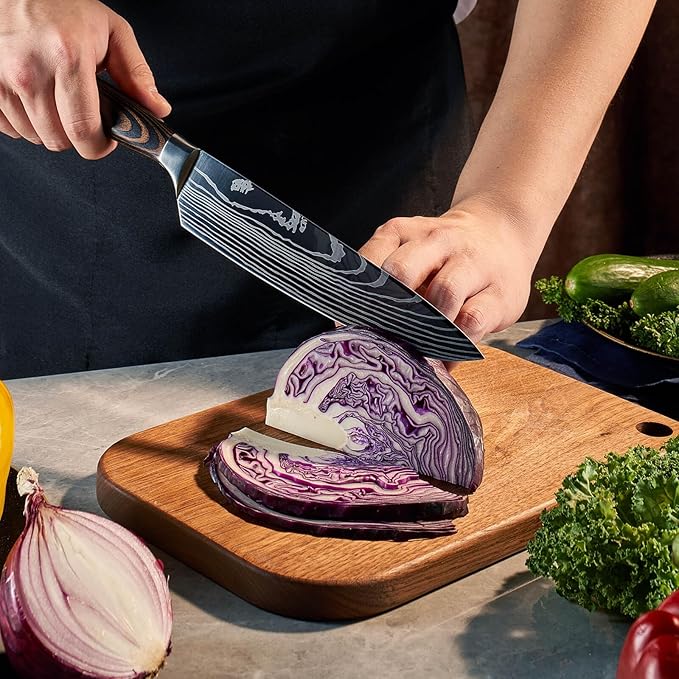 SENKEN 8-piece Premium Japanese Kitchen Knife Set with Laser Damascus Pattern - Imperial Collection - Ultra Sharp for Very Fast Cutting