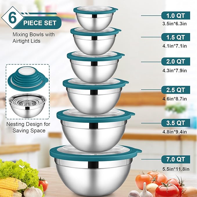 LIANYU 6 Packs Stainless Steel Mixing Bowls, Large 7, 3.5, 2.5, 2, 1.5, 1QT Size, Deep Metal Nesting Bowls Set for Baking Cooking Serving Prepping Food Storage, Include Visible Airtight Lid, Dark Blue