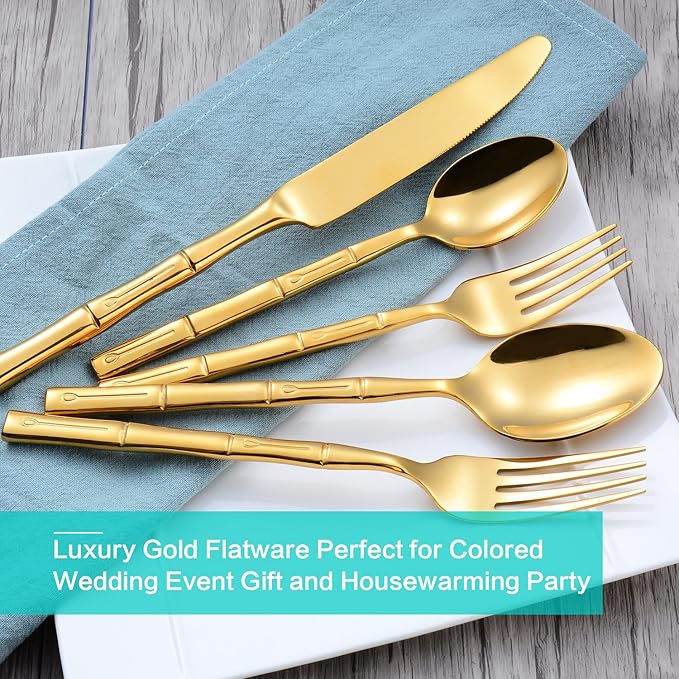 Silverware Set Gold Flatware Set Stainless Steel Bamboo Handle Cutlery Set Mirror Polished 60 Pieces for Home Kitchen Restaurant Hotel Wedding Housewarming Gift Service for 12