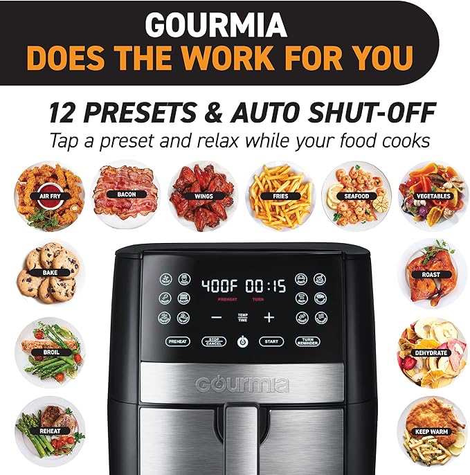 Gourmia 8 Qt Digital Air Fryer GAF826 – XL Capacity with 12 One-Touch Presets, Nonstick Dishwasher Safe Basket, Oil-Free Cooking, ETL-Certified, Sleek Black Finish