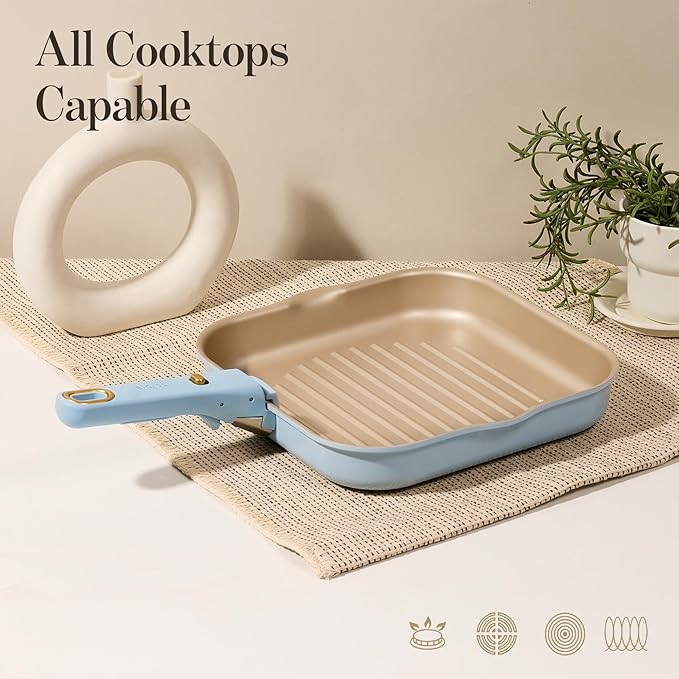 CAROTE 10 Inch Titanium Reinforced Nonstick Grill Pans for Steak, Non-Stick Grill Pans Sets with Detachable Handle, PFOS, PFOA Free, Gas & Induction Safe, All Stovetops Compatible, Blue