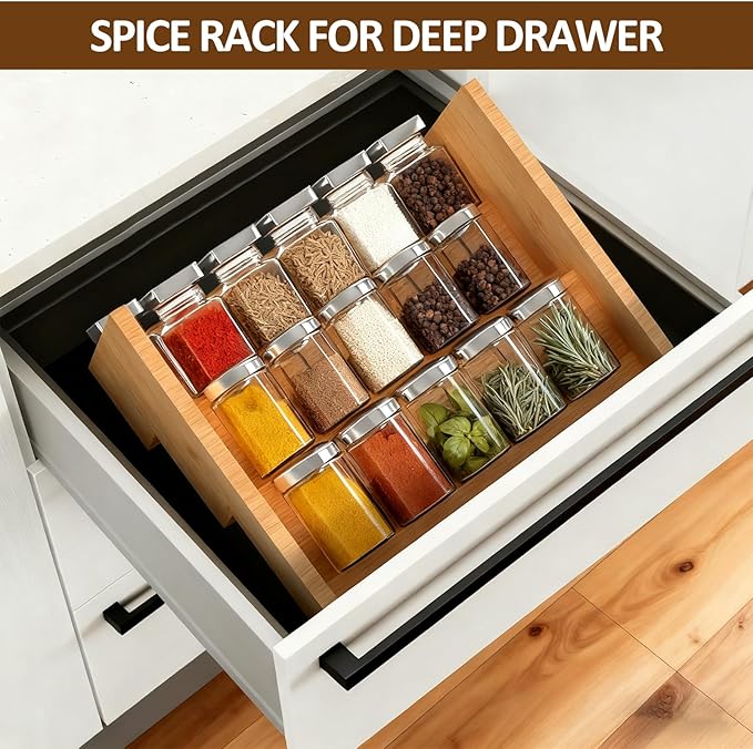 3 Tier Bamboo Spice Rack Organizer for Cabinet or Pantry, 2 Pack Wooden Spice Steps Riser for Spice Jars, Cans, and Bottles
