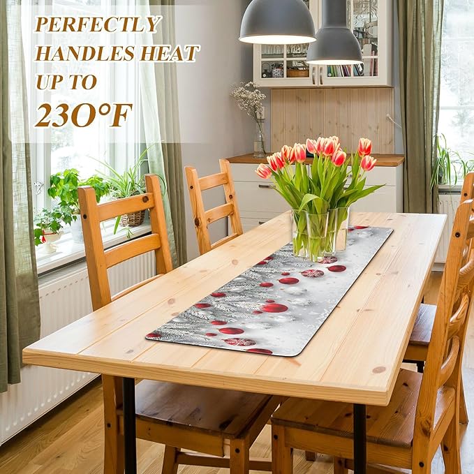 Christmas Trivet Table Runner 40 Inches Long Christmas Snowflakes Balls Pattern Heat Resistant Hot Pad Multi Purpose Mat for for Hot Pots Pans Kitchen Countertops