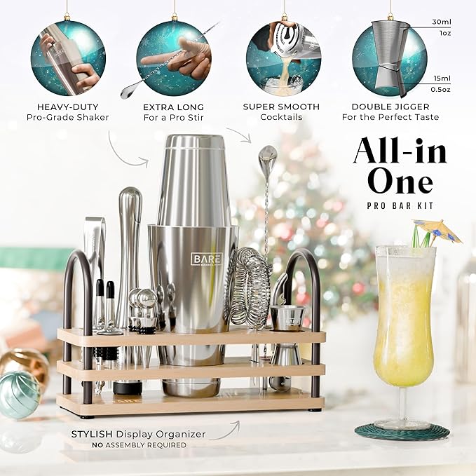 BARE BARREL® Mixology Bartender Kit Bar Set | 14-Piece Cocktail Shaker Set | Martini Barware Mixing Tools for Home Bartending | 35 Recipe Cards | Gift Set (28oz Boston Shaker, Silver/Natural)