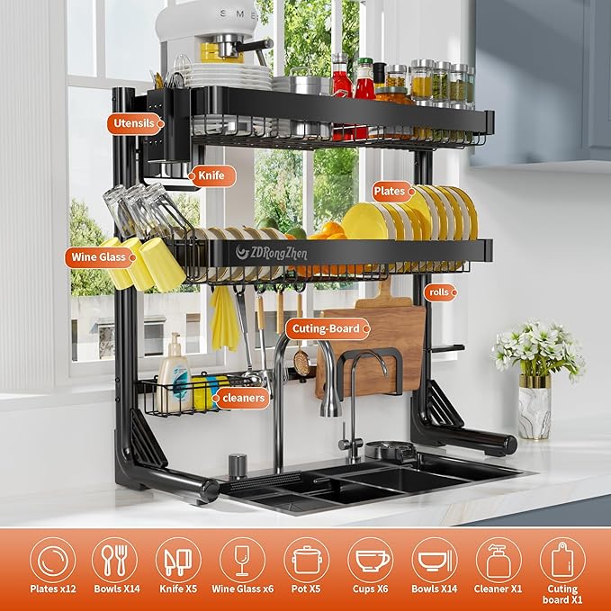 ZDRongZhen Over The Sink Dish Drying Rack,3 tier Full 304 Stainless Steel dish Drainer rack,Adjustable Length (22.8''~35.04'') Kitchen Storage Counter With Cup Hanging Set and Hooks (Black-3Tier)