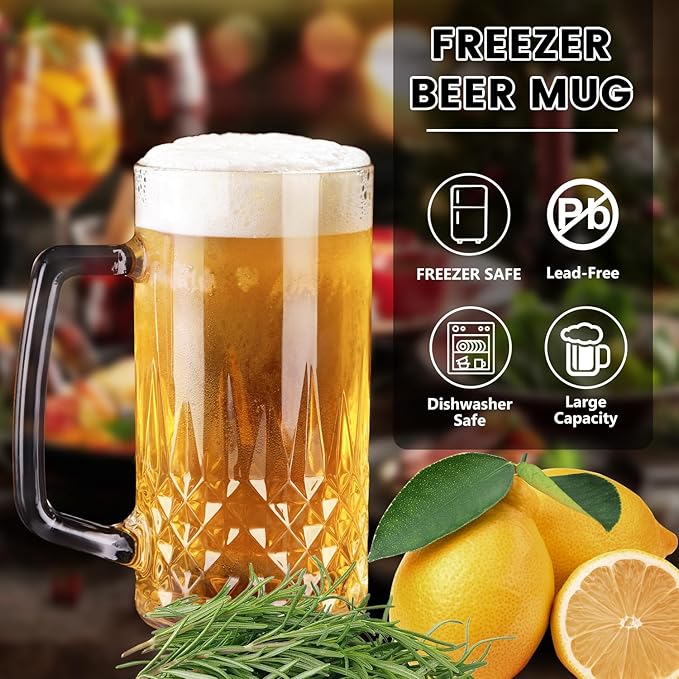 Beer Mugs For Freezer, 20 oz Large Heavy Glass Mugs with Handles Set of 4, Clear Large Beer Steins for Tea, Coffee, Lead-Free Glasses Oktoberfest Style, Best Gifts for Dad Husband or Friend