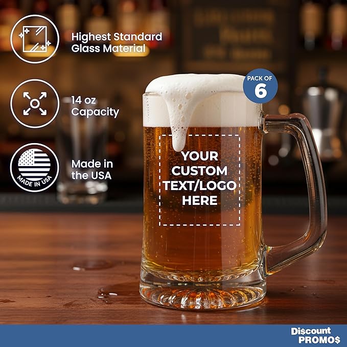 DISCOUNT PROMOS Custom ARC Glass Beer Mugs 14 oz. Set of 6, Personalized Bulk Pack - Great for Octoberfest, Pub, Restaurant - Clear