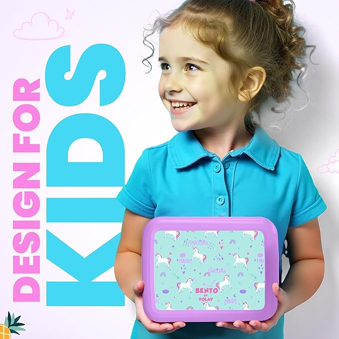 YOLAY Bento Box for Kids Lunch Box Leak-Proof, 5-Compartment Lunch Box Kids for Ages 3-10, Durable with Anti-Slip Base, Suitable for Schools, Outdoor and Travel (Mermaid) (Unicorn)