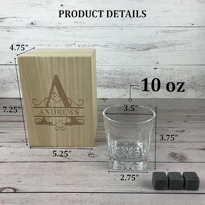 Personalized Name Monogram Whiskey Glass Gift Set - 4 Designs Custom Gift For Him - Personalized Bourbon Cup - 11 oz Engraved Monogram Scotch Glass in Wooden Box - Whiskey Gifts For Men