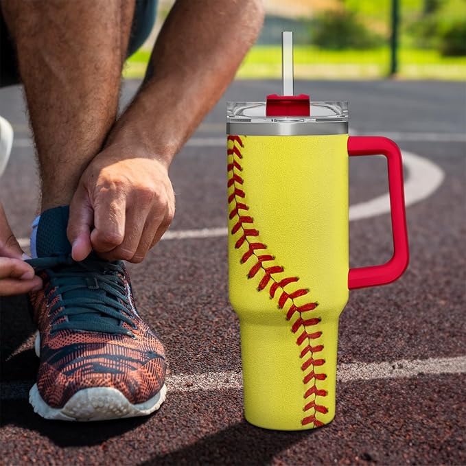 SANDJEST Softball Tumbler with Handle 40oz, Insulated Stainless Steel Cup with Lid & Straw, Sports Lover Gift for Men, Coach, Player, Christmas, Birthday