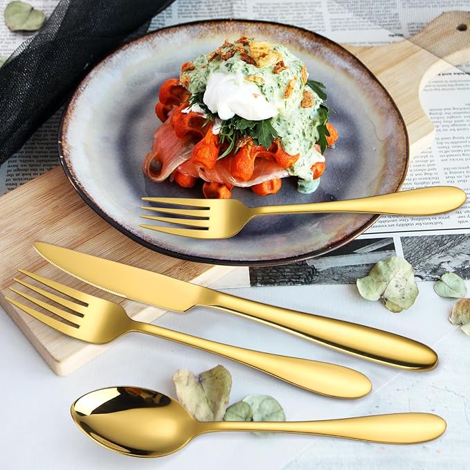 Gold Silverware Set for 8 Stainless Steel Flatware 40 Pieces Forks Knives and Spoons Heavy Utensils Thick Handle for Restaurant Parties Formal Occasions Everyday Use