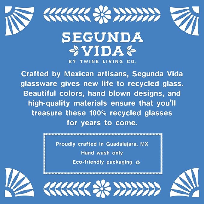 Segunda Vida Primavera Hand Blown Short Tumblers, Recycled Drinking Glasses with Blue Rim for Margarita, Tequila, Cocktails, Iced Drinks, Birthday Gifts for Women, Mexican Glassware, 12 oz, Set of 2