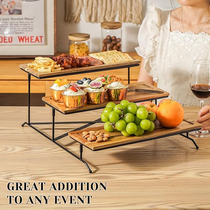 ZONEYILA 3 Tier Serving Stand with Wooden Serving Platter, 14 Inch Tier Serving Trays with Collapsible Sturdier Rack, Rectangle Cupcake Stand for Party