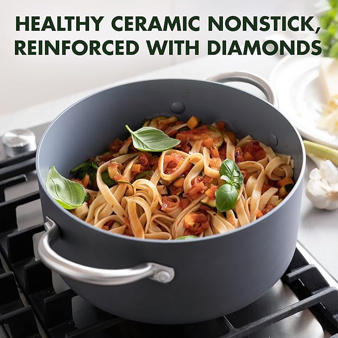 GreenPan Lima 5.2QT Nonstick Stock Pot with Glass Lid, Nontoxic PFAS-Free Ceramic Casserole, Hard Anodized Cookware, Oven & Broiler Safe, Stainless Steel Handles, Gray