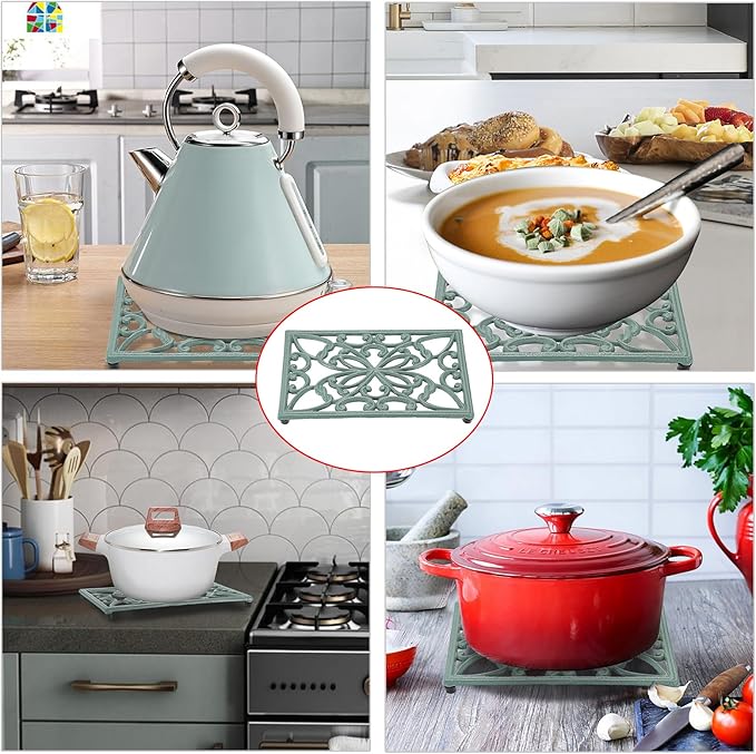 Sumnacon Cast Iron Trivet Heat Resistant Iron Trivets for Hot Dish Pot Pan Plate Teapot, Rustic Cast Iron Trivets for Cooktop Kitchen Dining Table, Rectangle Metal Trivet with Rubber Feets, Green