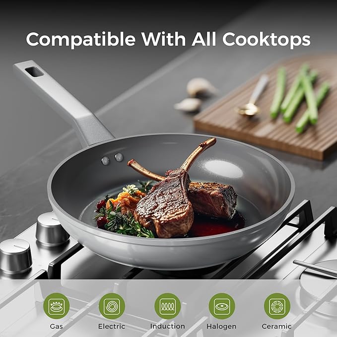 Sanho 8 Inch Frying Pan Nonstick, Ceramic Coating PTFE & PFOA Free Skillet, Induction Compatible & Dishwasher Safe Cookware for Healthy Daily Cooking