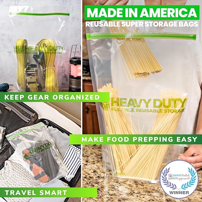 PURCHASE, 50 x Dishwasher-Safe STAND-UP Reusable Bags, Extra Thick 5mils HEAVY DUTY Durable Washable Reclosable Food Storage Extra Large Bags, XXL 12"x16" 2-Gallon 50-Pack