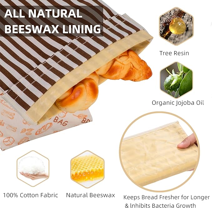 Beeswax Bread Bags for Homemade Bread,Reusable Beeswax Bags for Sourdough,Cotton Linen Food Storage Bag to Keep Fresh - Extra Large 2 Pack