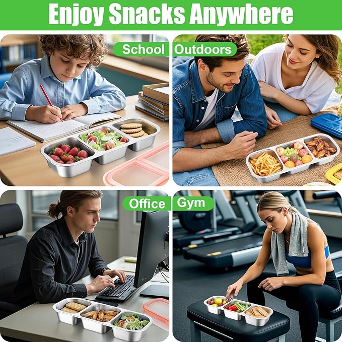 Palksky 2Pack Stainless Steel Snack Containers with Lids, 3 Compartment Reusable Snackle Box Container, Metal Food Storage Containers for School, Home, Travel