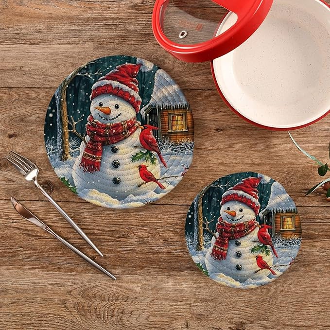 Snowman Red Bird Winter House Kitchen Trivets Pot Holders Set of 2, Trivets for Hot Pots Dishes Woven Trivet Coaster Pad Mat for Counter