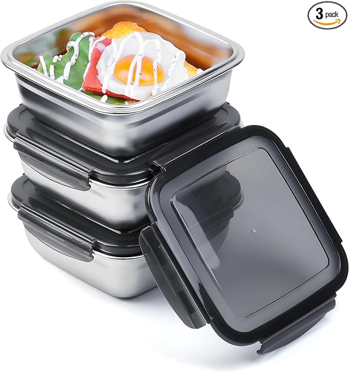 3 Pack Sandwich Containers, 24oz Stainless Steel Sandwich Box with Airtight Lids, BPA-Free, Dishwasher Safe, Durable & Reusable Metal Meal Prep Lunch Boxes for Fruits, Snacks, Bento (Black)