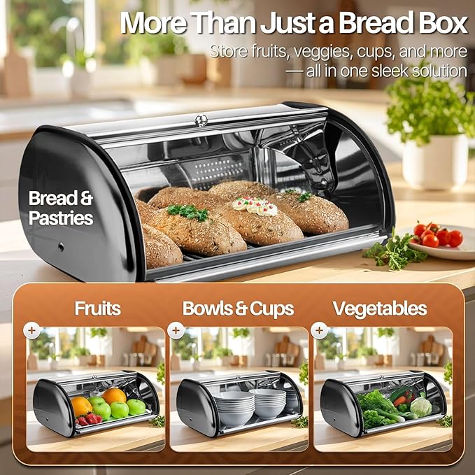 Flexzion Stainless Steel Bread Box For Kitchen Countertop (17 inch) - Kitchen Countertop Metal Bread Storage with Roll Up Lid & Front Window for Restaurant & Homemade Cakes, Buns, Pastries, Pancakes