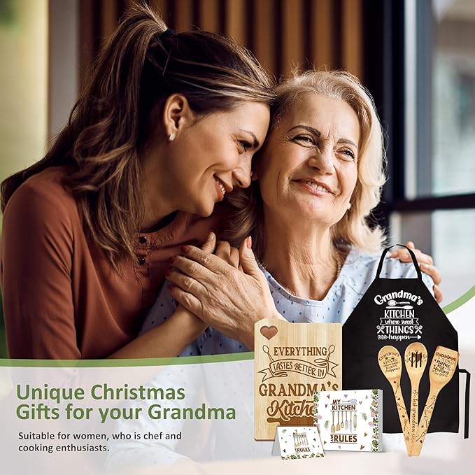 Gifts for Grandma, Grandma Kitchen Gifts from Grandkids, Birthday Gift Wooden Cutting Board with Cooking Utensils Set with Apron Set, Great Christmas Mothers Day Gift