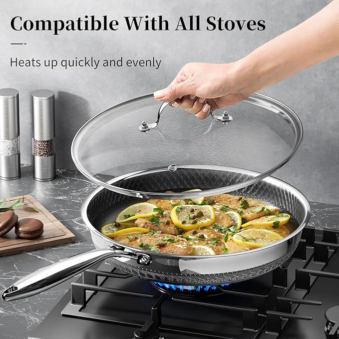 Non Stick Frying Pan with Lid, 12 Inch Ceramic Hybrid Tri-Ply Stainless Steel Frying Pans Nonstick W/Lid, Large Induction Skillet Frying Pans for Cooking, Metal Utensil Safe, PFAS/PFOA/PTFE Free