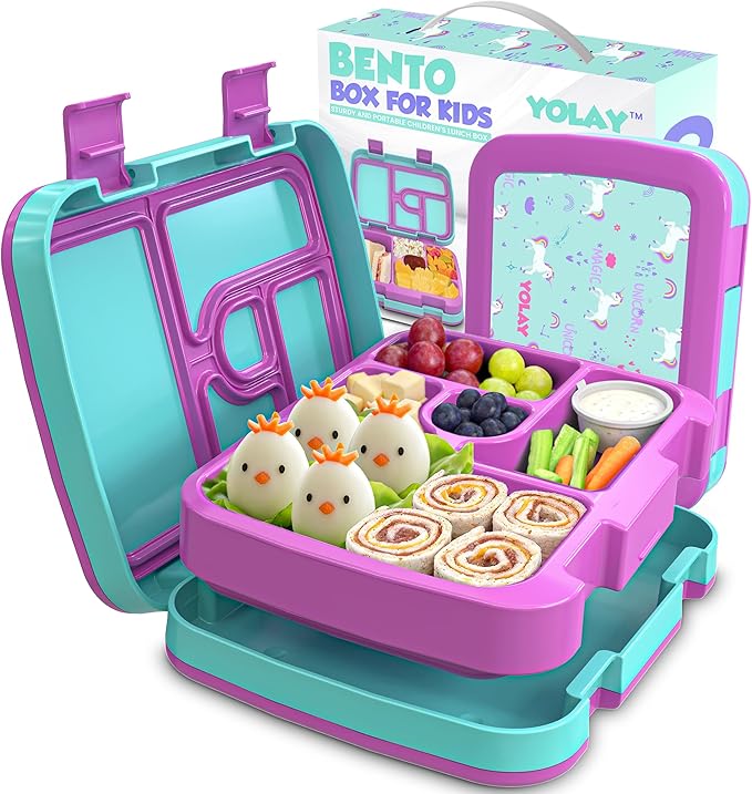 YOLAY Bento Box for Kids Lunch Box Leak-Proof, 5-Compartment Lunch Box Kids for Ages 3-10, Durable with Anti-Slip Base, Suitable for Schools, Outdoor and Travel (Mermaid) (Unicorn)