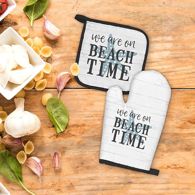 Beach Themed Gifts Oven Mitts and Pot Holders Sets, Coastal Beach House Kitchen Accessories Sets, Rustic We are on BeachTime Heat Resistant Oven Glove Potholders for Kitchen Cooking Baking BBQ