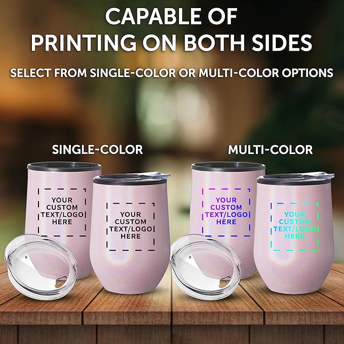 Custom Palmera Stemless Wine Tumblers with Lids 12 oz. Set of 12, Personalized Bulk Pack - Perfect for Wine, Cocktails, Other Hot & Cold Beverages - Iridescent Pink