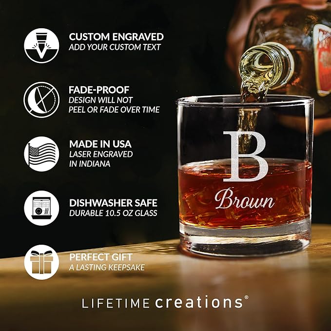 Lifetime Creations Engraved Personalized Monogrammed Whiskey Glass 10.5 oz - Old Fashioned Rocks Glass with Initial and Name, Monogram Scotch Glass, Dishwasher Safe, Made in USA