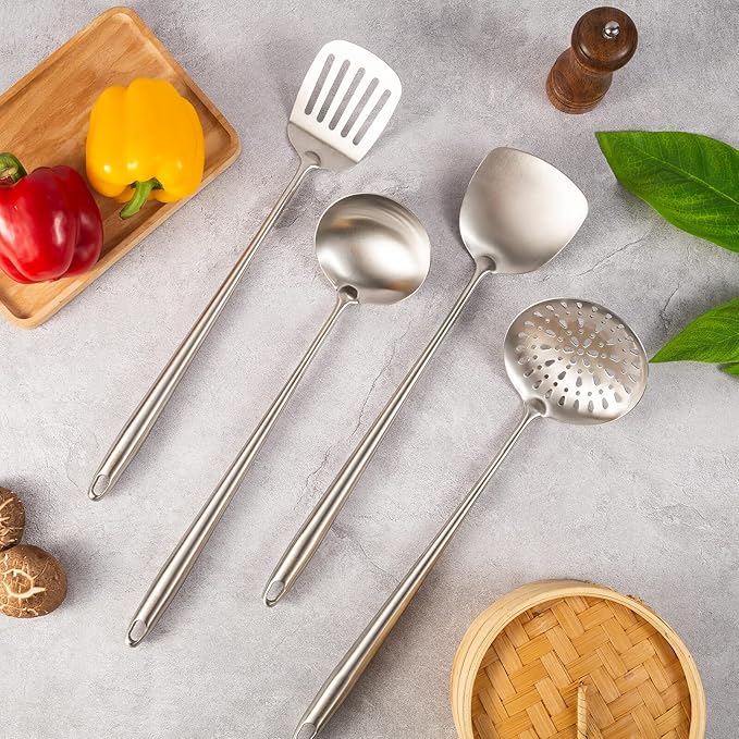 17” Wok Spatula and Ladle, Skimmer Spoon, Slotted Spatula - 304 Stainless Steel Kitchen Utensils Set, 4-Pieces Extra Long Handle Cooking Tools, All Metal Chinese Wok Utensils and Wok Accessories