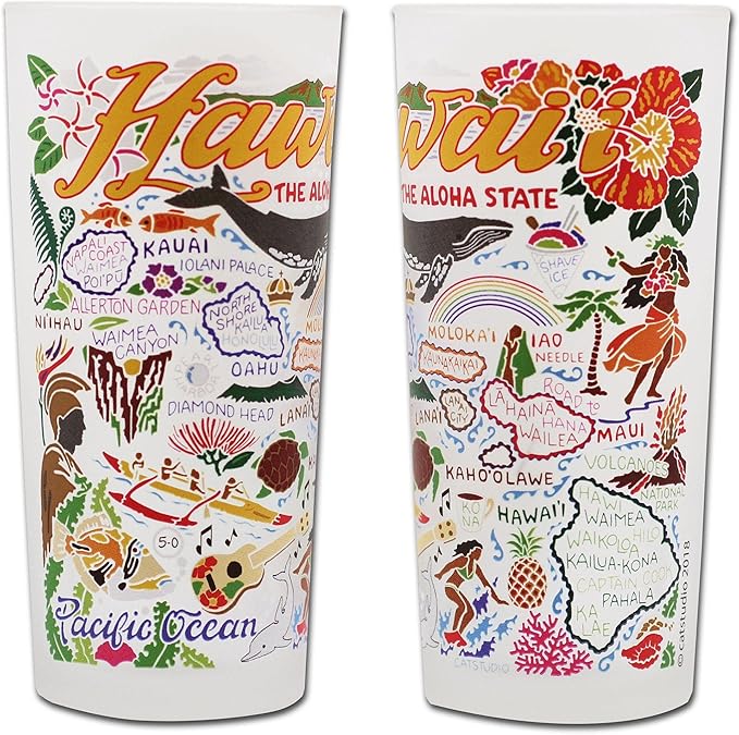 Catstudio Drinking Glass, Hawaiian Isles Frosted Glass Cup for Kitchen, Drinking Glasses, 15oz Dishwasher Safe Tumbler, Wedding Gifts
