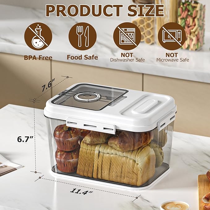 Bread Box For Kitchen Countertop, Airtight Bread Storage Container, Bread Keeper For Homemade Bread, Cookies, Cereal, Fruits, 10L White.