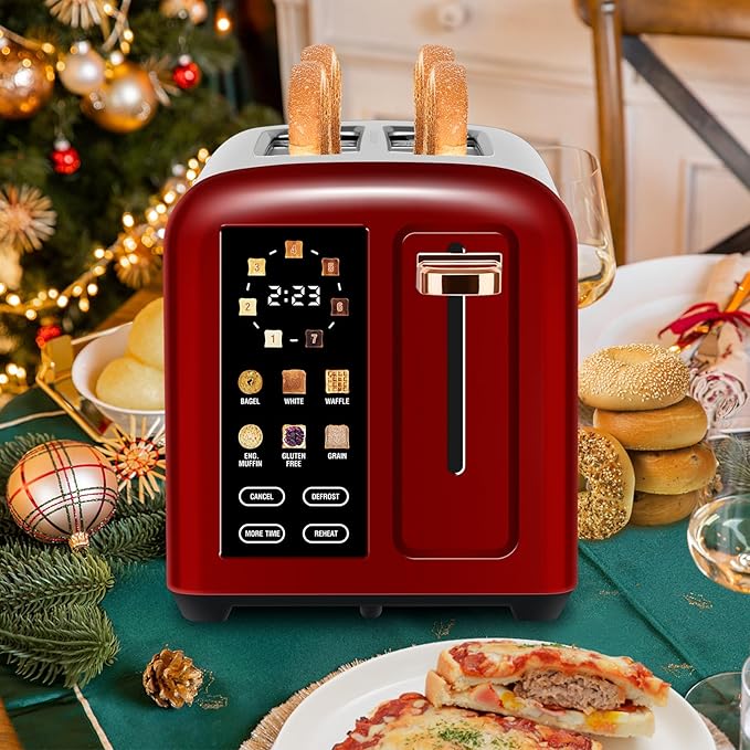 SEEDEEM Toaster 2 Slice with Touch Screen, Faster Heating Speed, 7 Shade Setting, 6 Bread Type, 1.5”Wide Slots Toaster, Removable Crumb Tray, 1350W, Dark Cherry