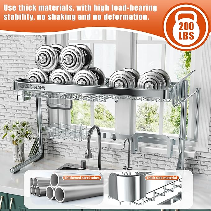 ZDRongZhen Over The Sink Dish Drying Rack,2 tier Full 304 Stainless Steel dish drainer rack,Adjustable Length (22.8''~35.04'') Kitchen Storage Counter With Cup Hanging Set and Hooks (Silver-2Tier)