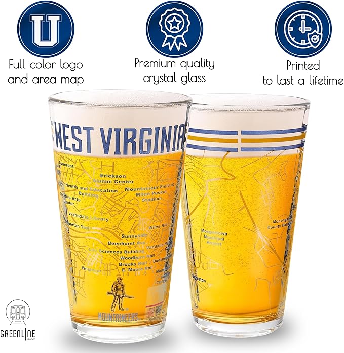 Greenline Goods – University of West Virginia Mountaineers College Pint Beer Glasses (Set of 2), 16 oz – Full-Color Logo + Campus Map