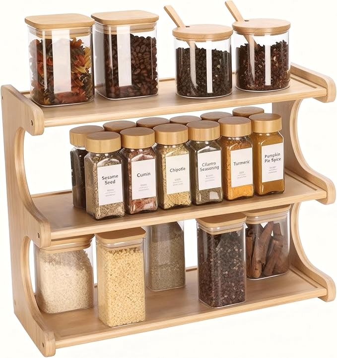 Spice Rack,3 Tier bamboo storage rack, Great for Kitchen, Countertop，countertop coffee station，Storeroom or Office,Space-Saving coffee bar accessories