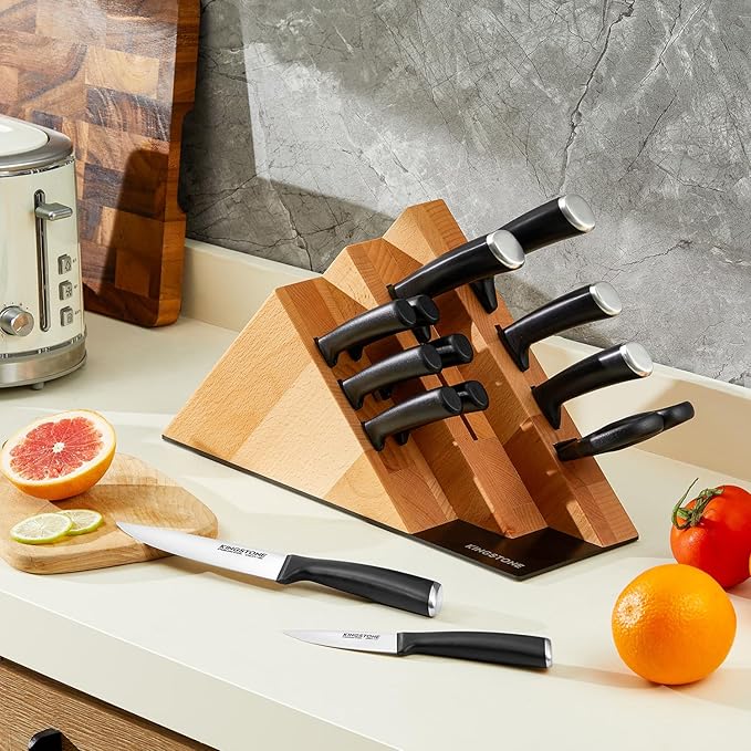 KINGSTONE 14-Piece Knife Block Set, High-Carbon Stainless Steel Knives with Ergonomic Non-Slip Handles, Ultra Sharp & Dishwasher Safe, Natural