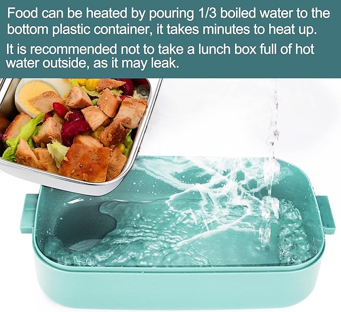 Bento Lunch Box for Kids Women Men, 47oz 2-Compartment Snack Salad Metal Food Prep Pack Container for Lunch, Stainless Steel 2 Layers Stackable Lunch Containers with Lids for Adults and Teens Green
