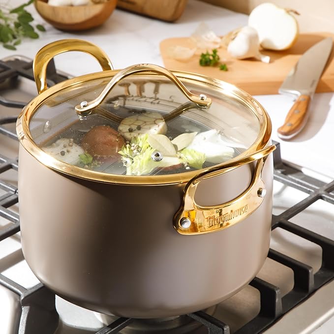 Bloomhouse - Two Time Oprah's Favorite Things Winner - 8 Quart Stock Pot w/Lid – PFAS-Free Ceramic Nonstick Dutch Oven Heavy Duty Aluminum Oven Safe Dishwasher Safe Cappuccino Cream w/Gold Handles