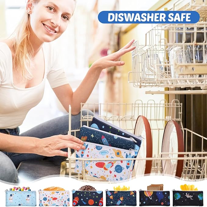 Chumia 6 Pcs Reusable Snack Bags Christmas Gifts Food Safety Washable Snack Bags Lunch with Zipper Portable Sandwich Bag Food Storage Pouch Double Layer(Astronaut,6.9 x 3.7 Inches)